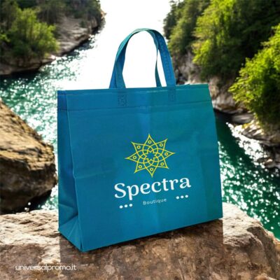 Borsa TNT azzurra stampa a colori giallo bianco con soffietti e fondo