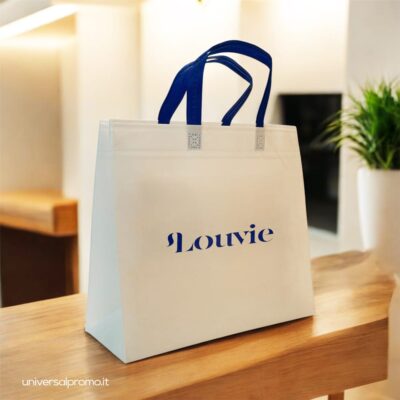 Shopper TNT con maniglia blu stampa personalizzata blu soffietti e fondo bianchi